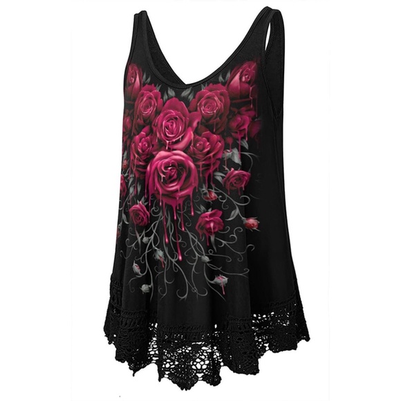 Black tank with red roses 4x, NEW WITH TAGS - Picture 2 of 4